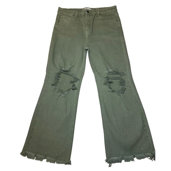 Risen Denim - Risen Women’s High Rise Wide Leg Denim Jeans Olive Size 15/32 Distressed NEW